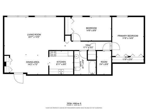 A black and white image of a floor plan for a house with a living room, dining area, kitchen, two bedrooms, and a bathroom.